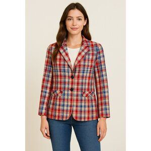 Vintage Sears JR Bazaar Womens Plaid Blazer Jacket Union Made Red/Blue/Yellow Ch